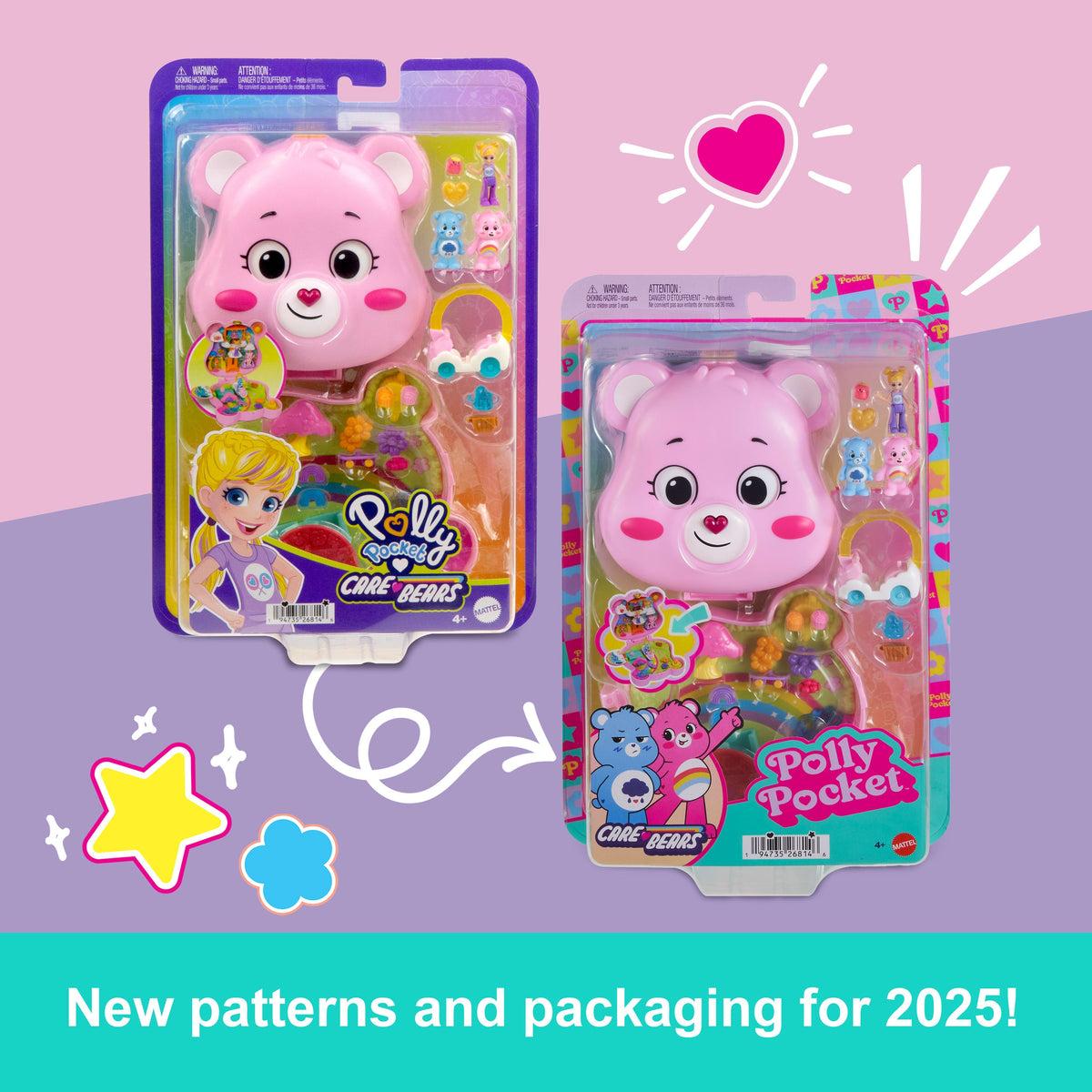 Polly Pocket X Care Bears Dolls & Playset With Toy Car And Themed Accessories, Compact Travel Toy