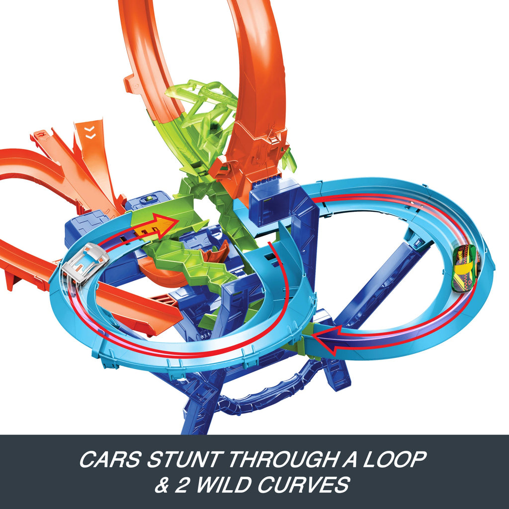 Hot Wheels Stunt Tracks Mid-Air Crash Playset With 1:64 Scale Die-Cast Toy Car & Motorized Booster
