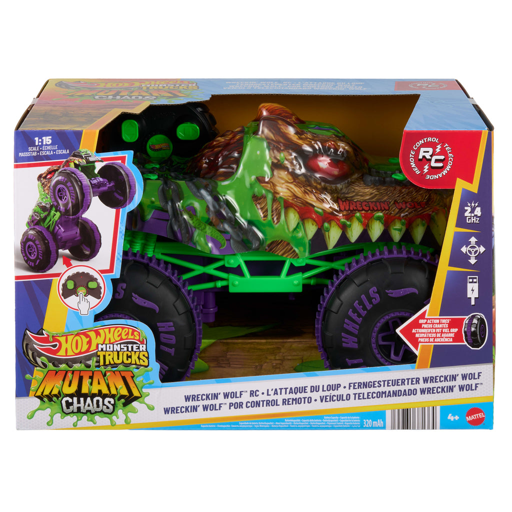 Hot Wheels Monster Trucks Mutant Chaos Wreckin’ Wolf RC, Battery-Powered Remote-Control Toy