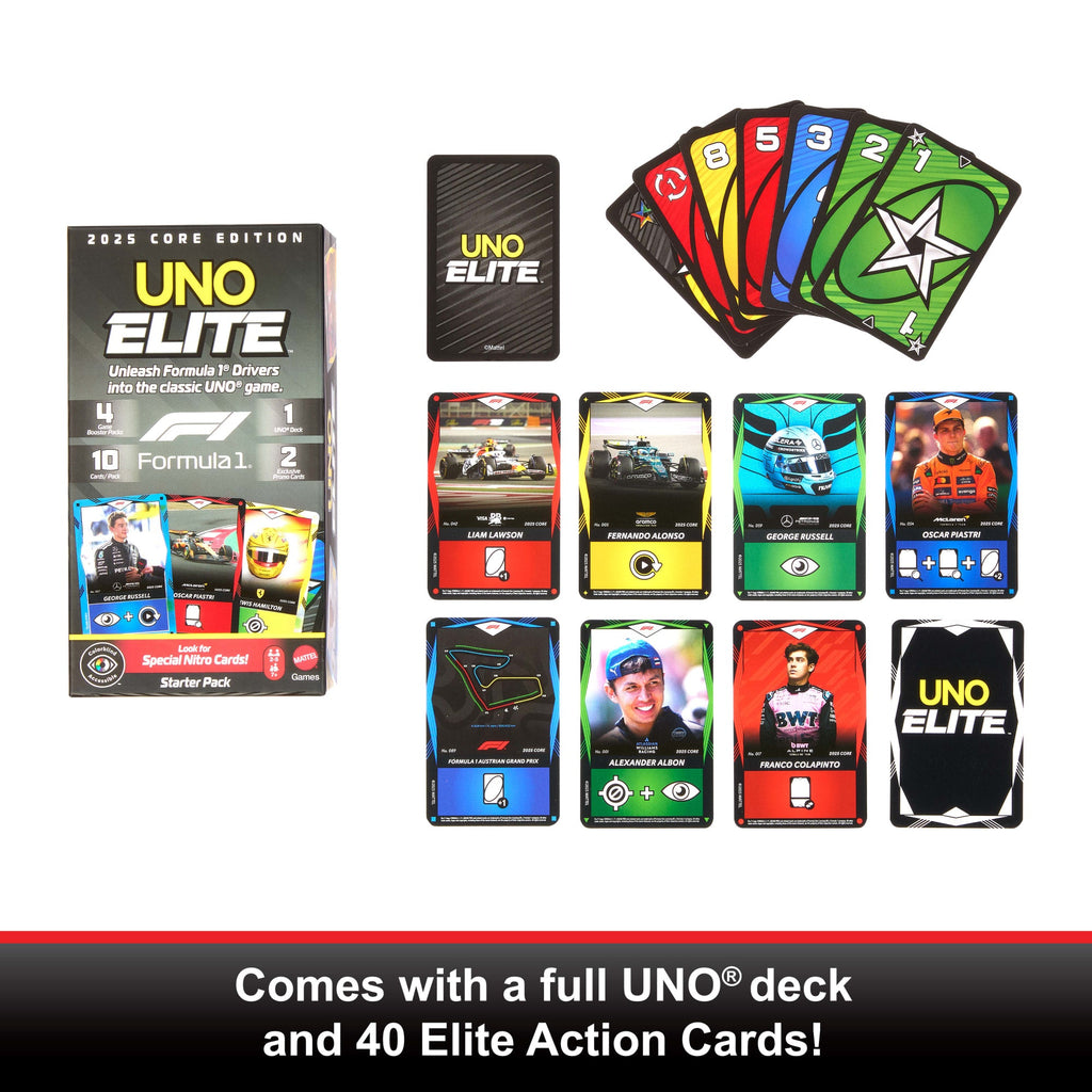 UNO Elite Formula 1 2025 Core Edition Starter Pack Card Game With 4 Game Booster Packs & 2 Promo Cards