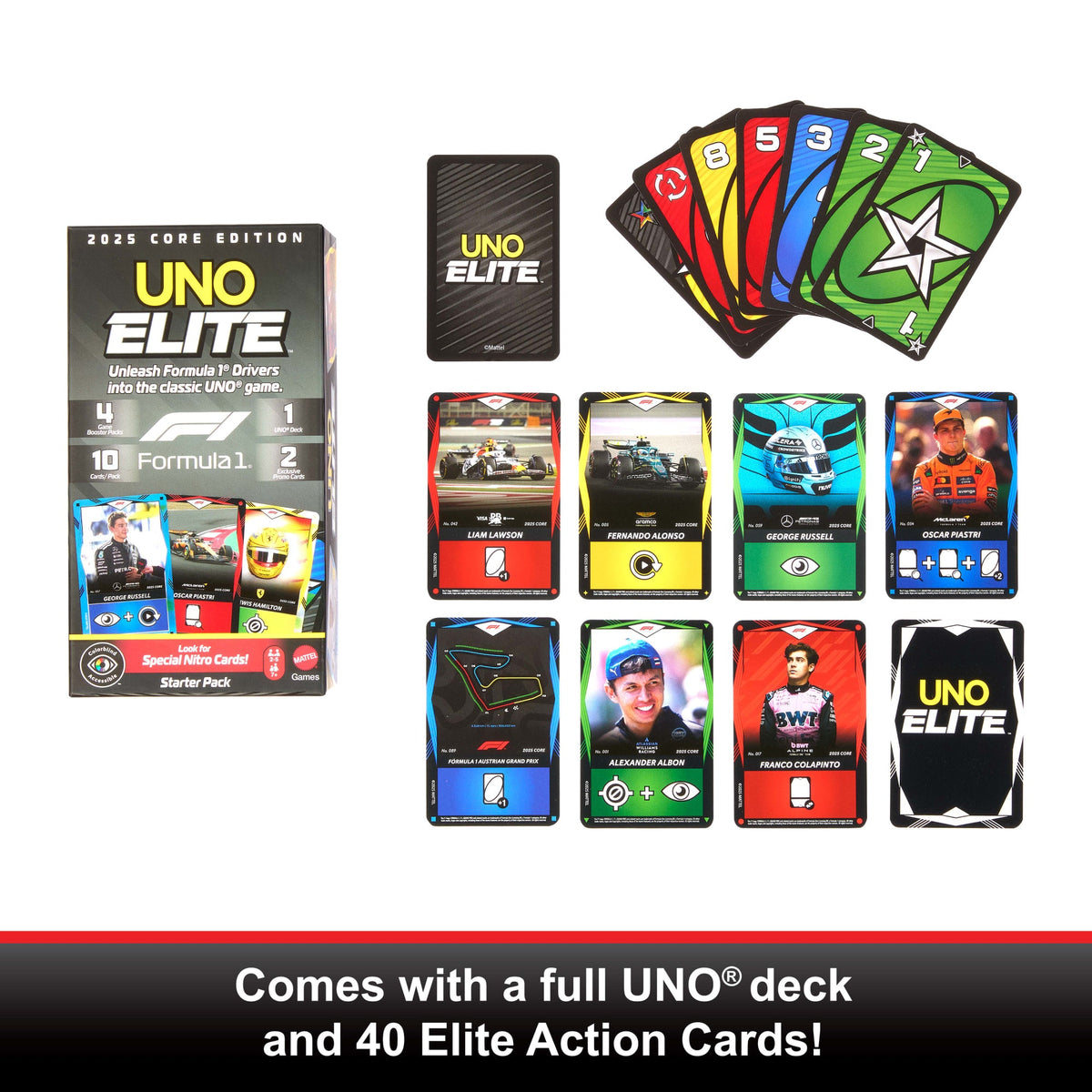 UNO Elite Formula 1 2025 Core Edition Starter Pack Card Game With 4 Game Booster Packs & 2 Promo Cards