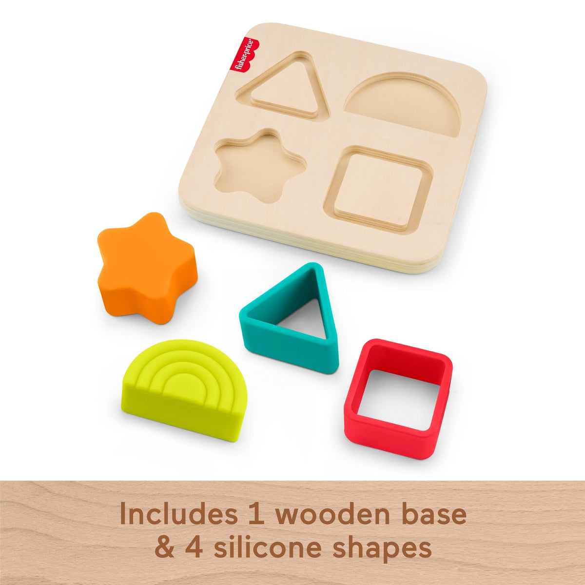 Fisher-Price Wooden Silicone Puzzle, Shape-Sorter Developmental Toy For Baby, 5 Pieces