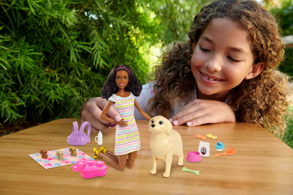 Barbie Doll Newborn Pups Playset With Brunette Doll, Mommy Dog, 3 Puppies, Kids Toys