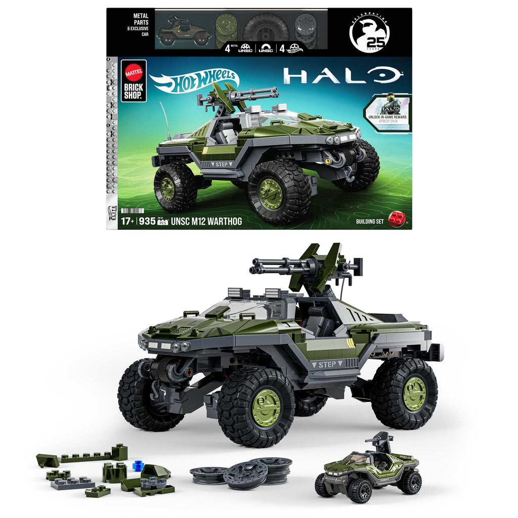 Mattel Brick Shop Hot Wheels Elite Halo® UNSC M12 Warthog, Juguete de Construcción con Detalles Auténticos y Personalización (935 piezas) para Adultos Coleccionistas