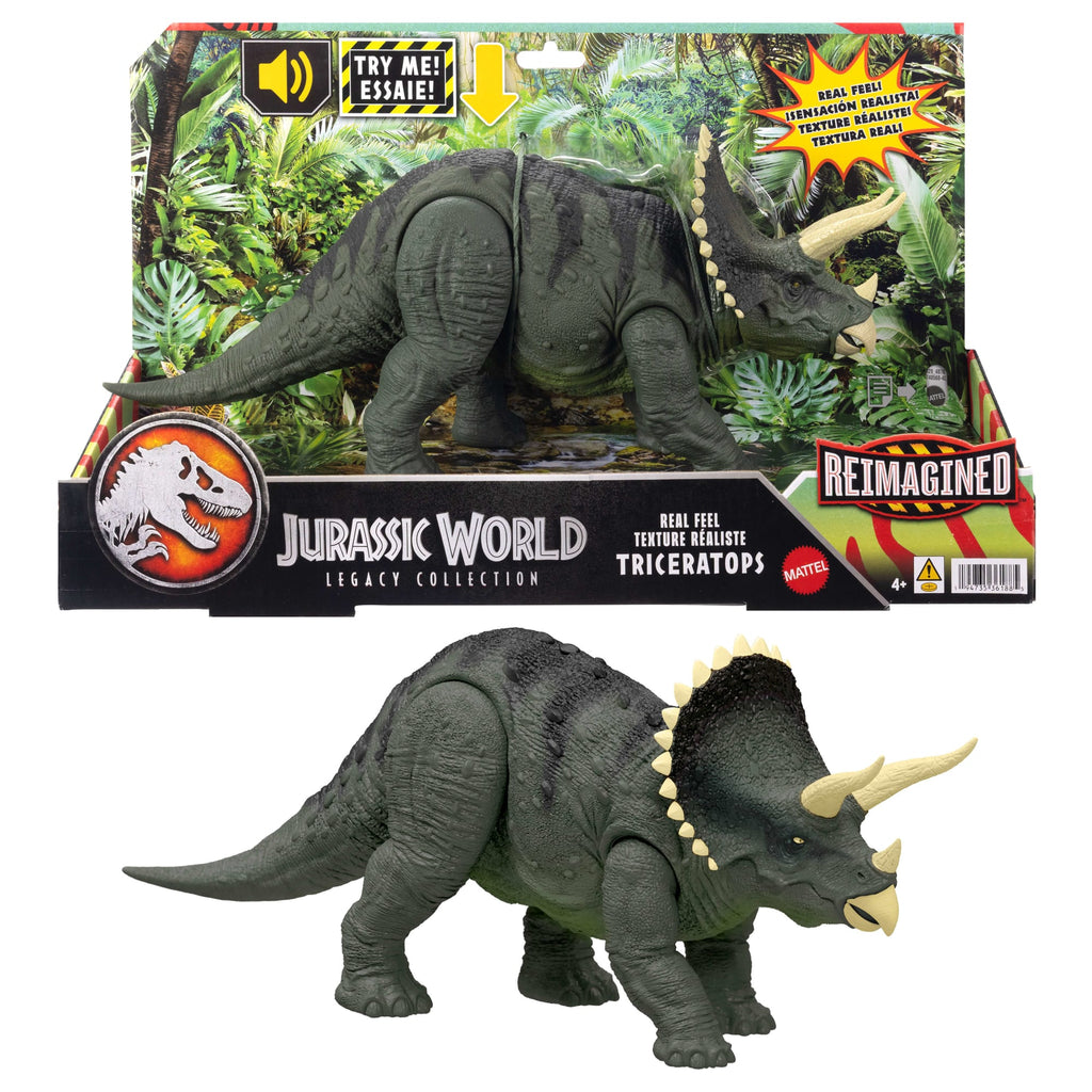 Jurassic World Reimagined Real Feel Triceratops Roaring Dinosaur Figure, 90S Inspired Toy