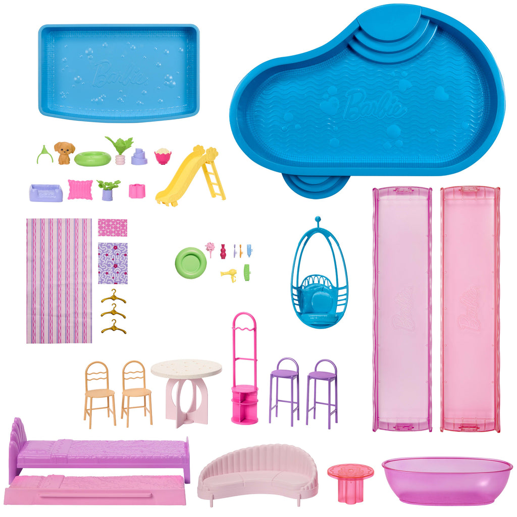 Barbie DreamHouse Dollhouse 2026, 2 Pools, 2 Slides, 2 Houses, Elevator With 3 Levels & 65+ Pieces Including Furniture & Accessories