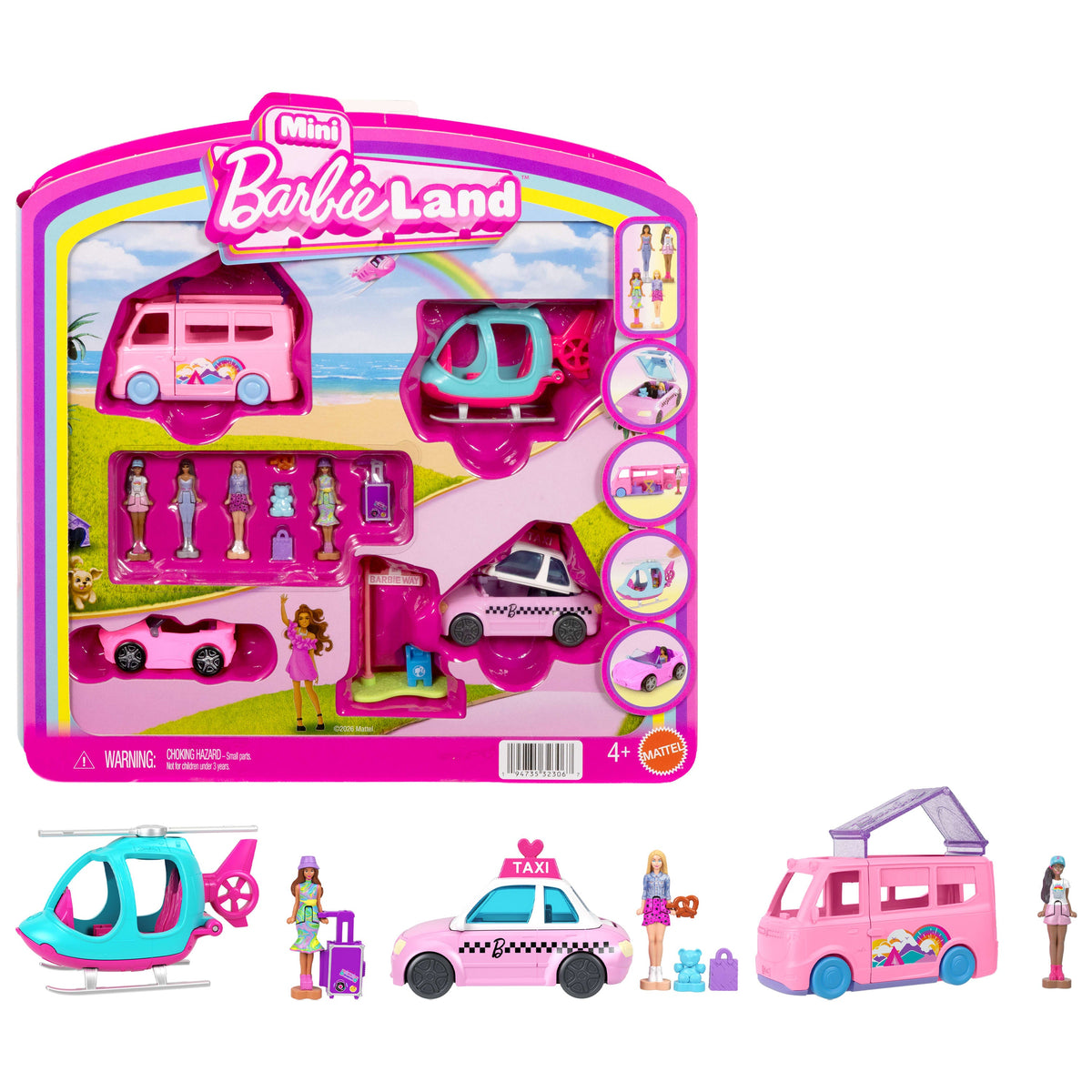 Barbie Mini Barbie Land 4-Pack Doll & Vehicle Set, 4 1.5-Inch Dolls, 4 Toy Vehicles & Accessories