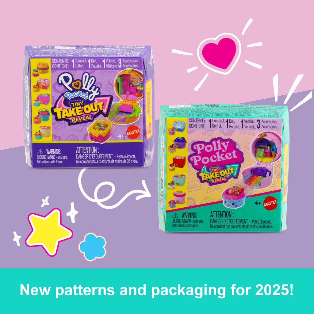 Polly Pocket Tiny Take Out Reveal Assortment, Micro Dolls & Compacts With Toy Cars, Food Theme Vehicle Collection