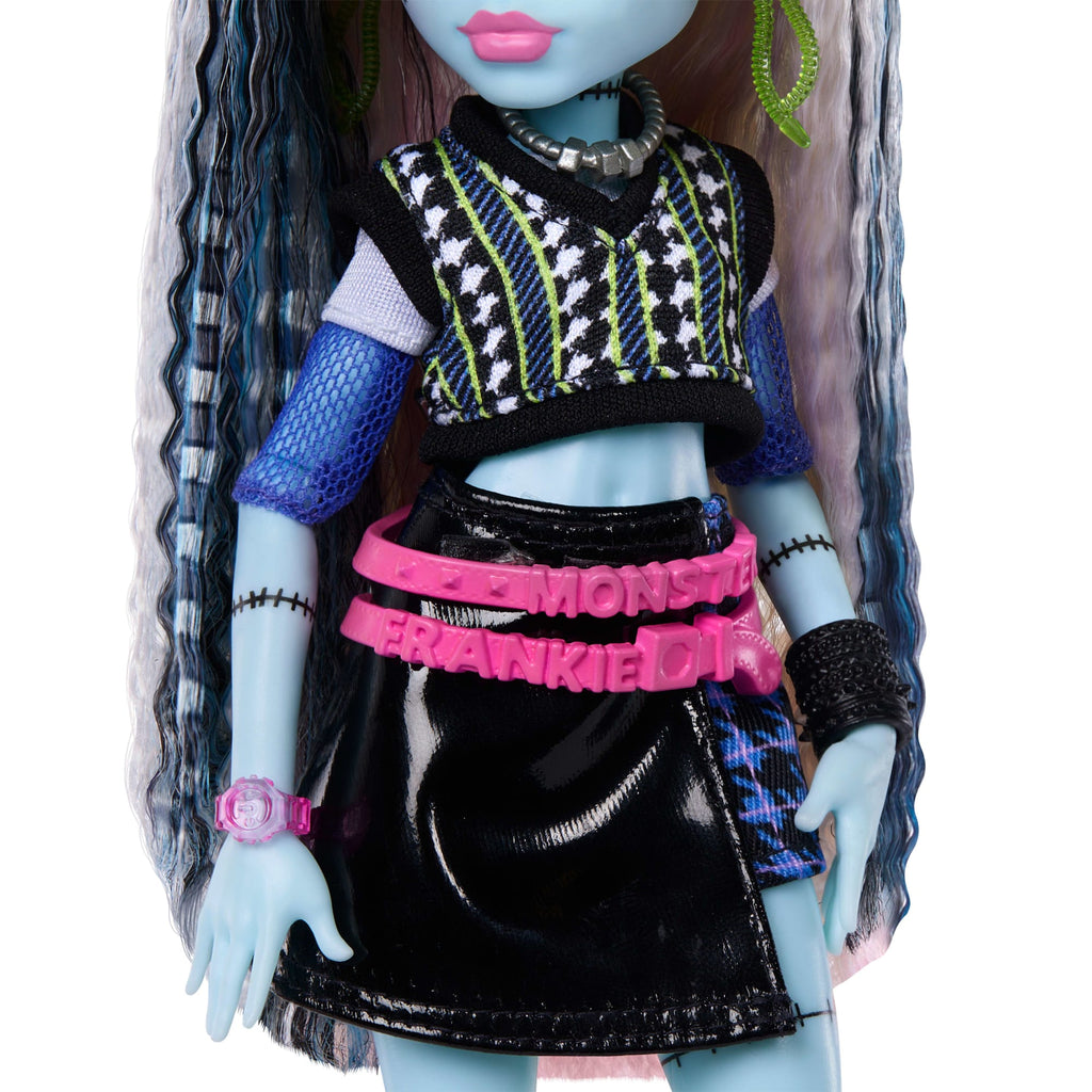 Monster High Frankie Stein Fashion Doll in Black Pleather Skirt With Pet Watzie And 7 Accessories