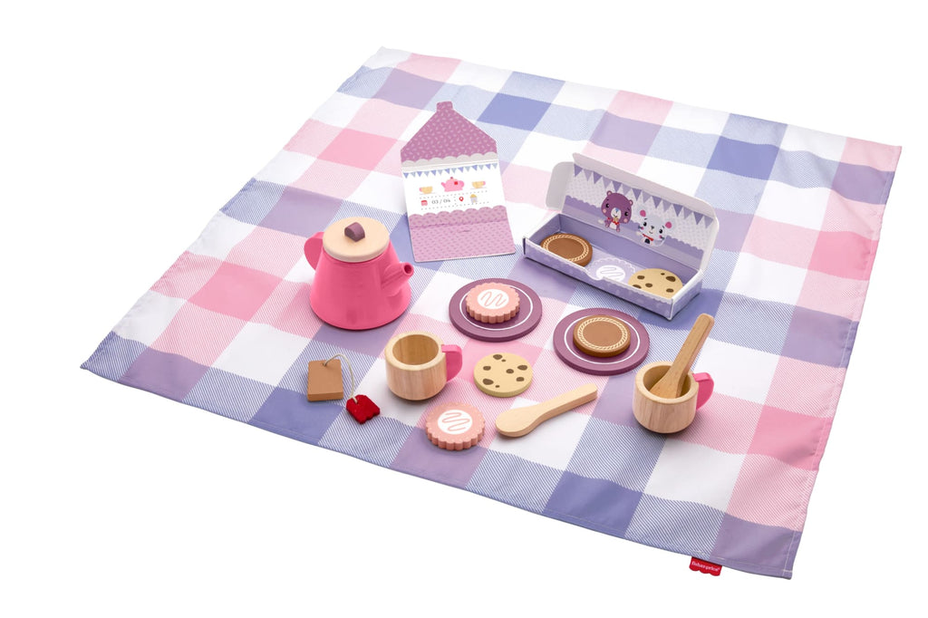 Fisher-Price Wooden Picnic Tea Set For Kids With Blanket, Wood Cups & Saucers, 18 Pieces