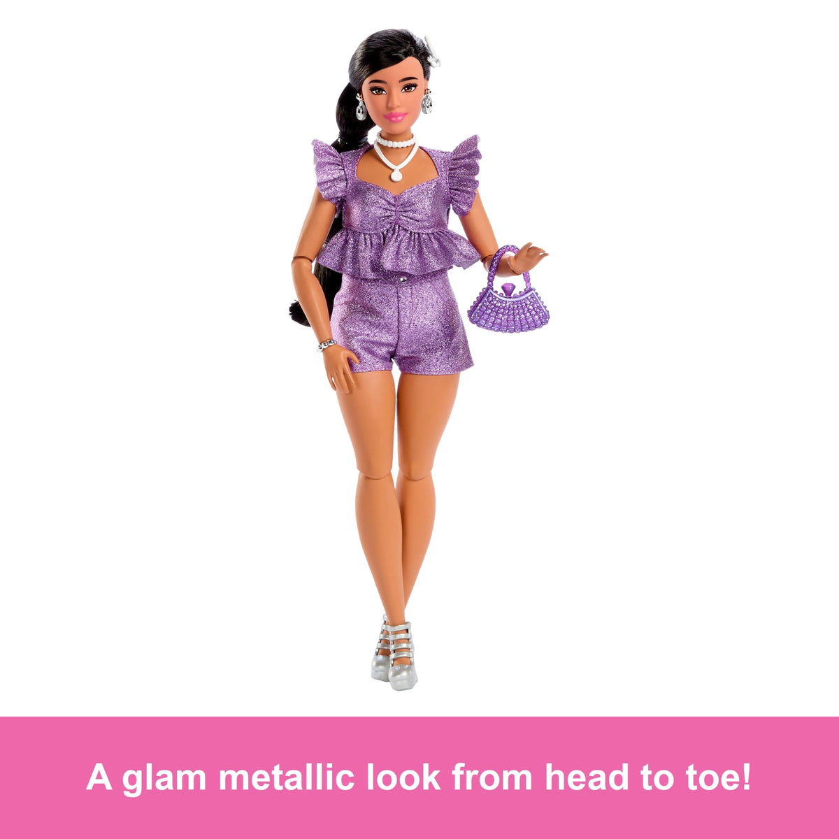Barbie Deluxe Style Fashion Doll #8 in Metallic Purple Top And Sparkly Shorts With Accessories