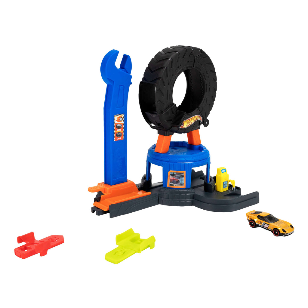 Hot Wheels City Downtown Tire Shop Playset & 1:64 Scale Toy Car, Speed Snap Track Compatible