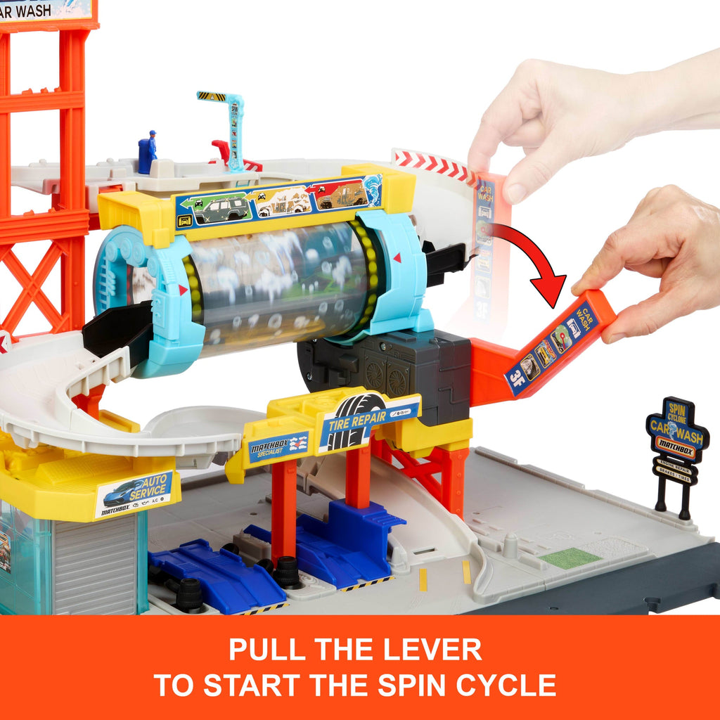 Matchbox Spin Cyclone Car Wash Playset With 1:64 Scale Die-Cast Toy Corvette & Tow Truck