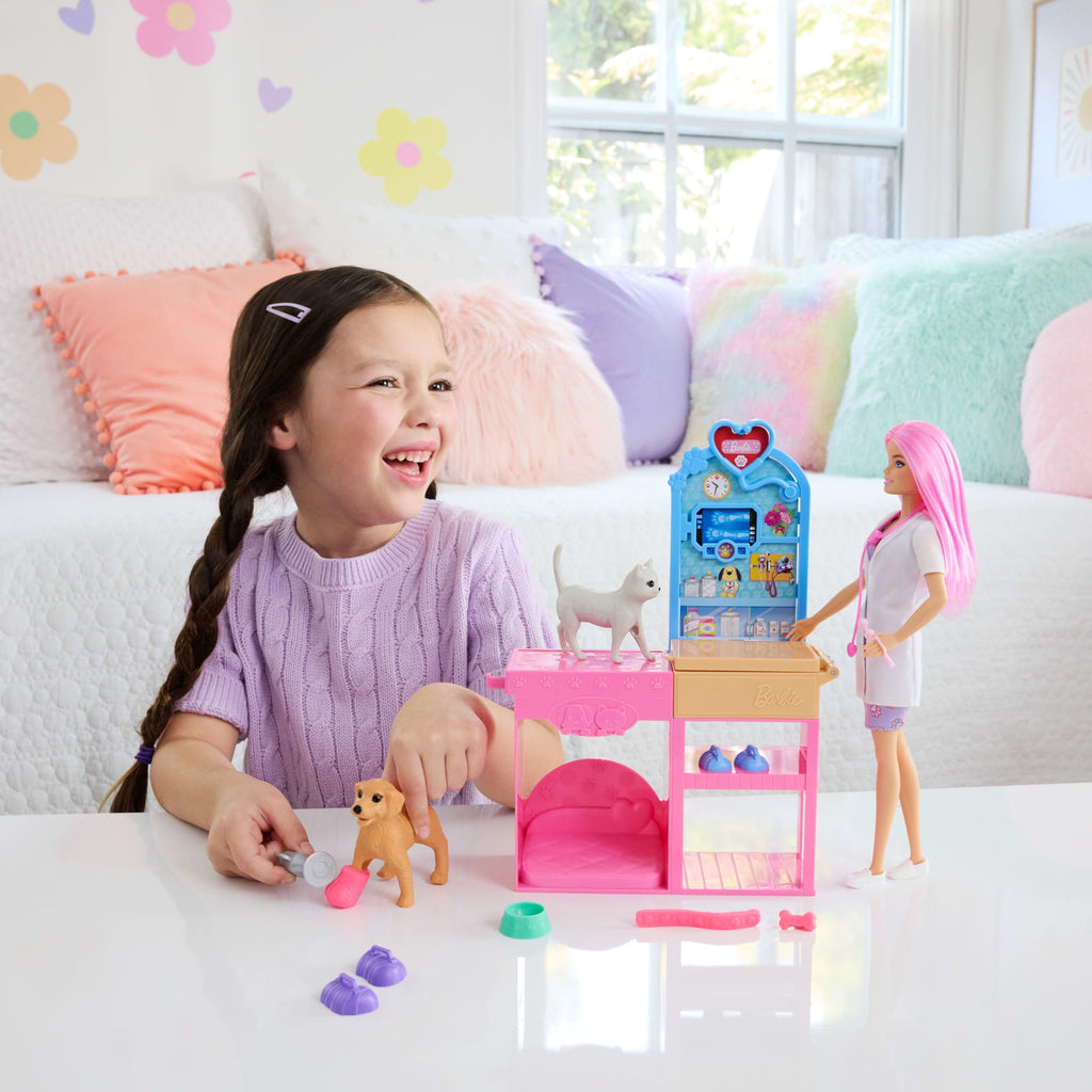 Barbie Fast Cast Veterinarian Clinic Playset With Pink Colored Hair Fashion Doll, Vet Furniture & 10+ Accessories
