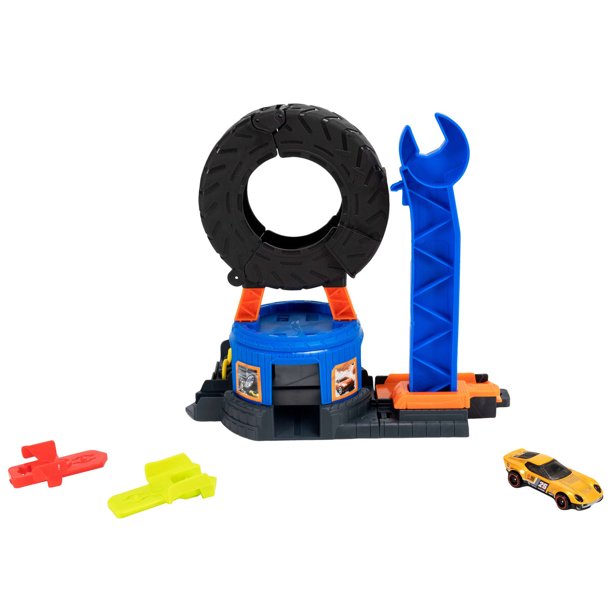 Hot Wheels City Downtown Tire Shop Playset & 1:64 Scale Toy Car, Speed Snap Track Compatible