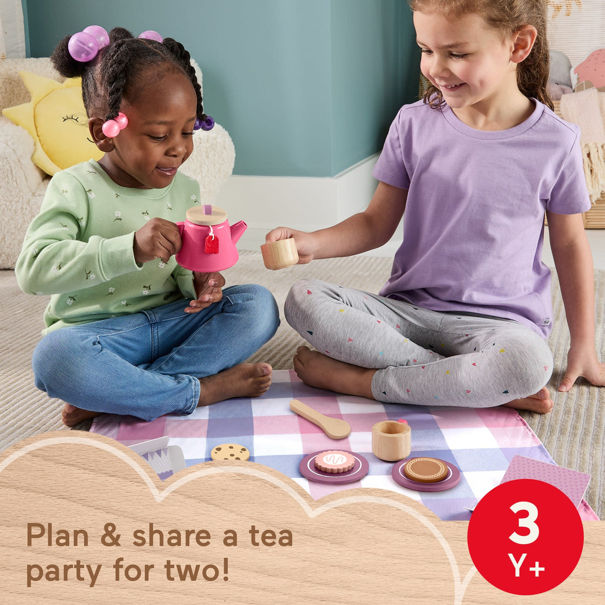 Fisher-Price Wooden Picnic Tea Set For Kids With Blanket, Wood Cups & Saucers, 18 Pieces