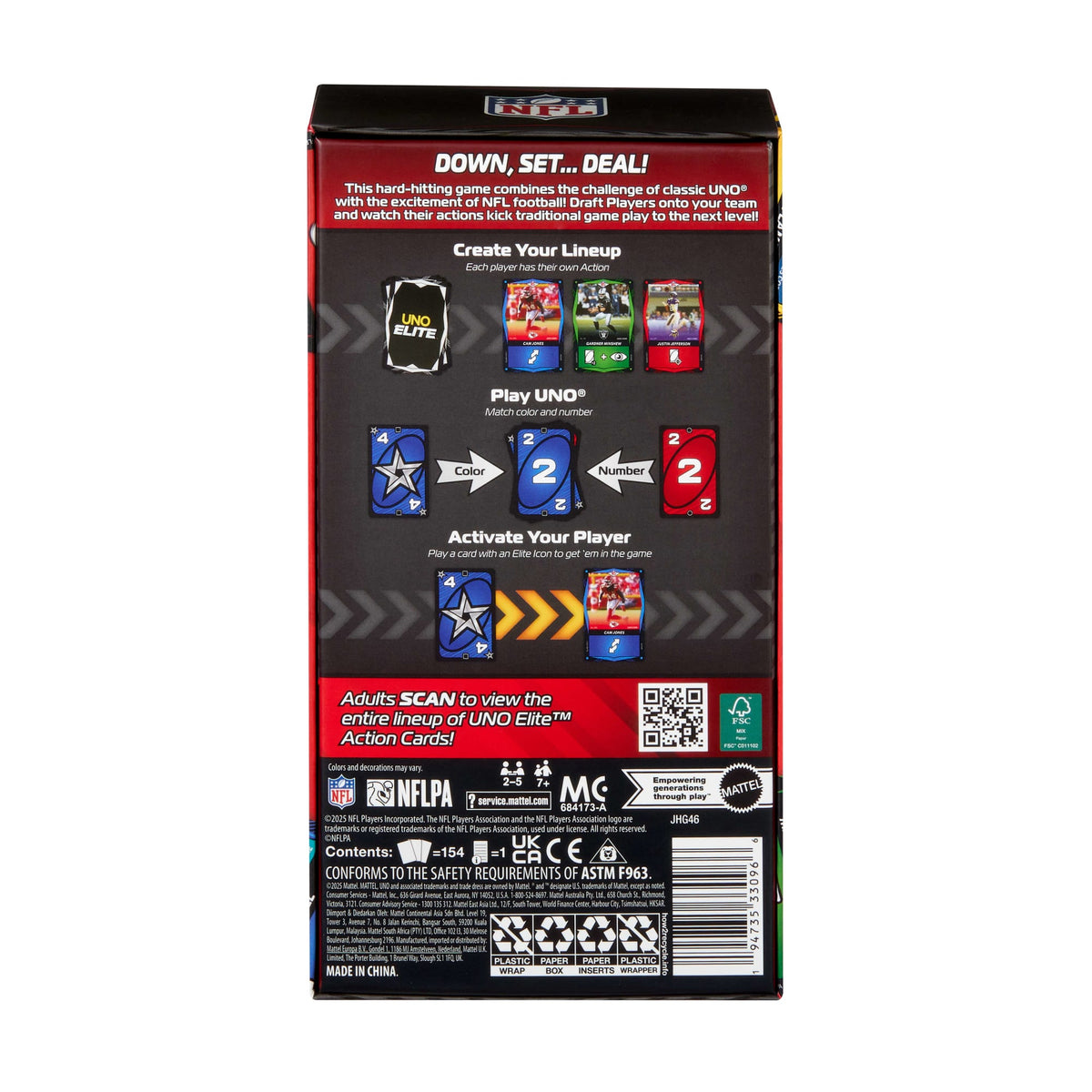 UNO Elite NFL Card Game 2025 Core Edition Starter Set With Deck, 4 Game Booster Packs & 2 Promo Cards