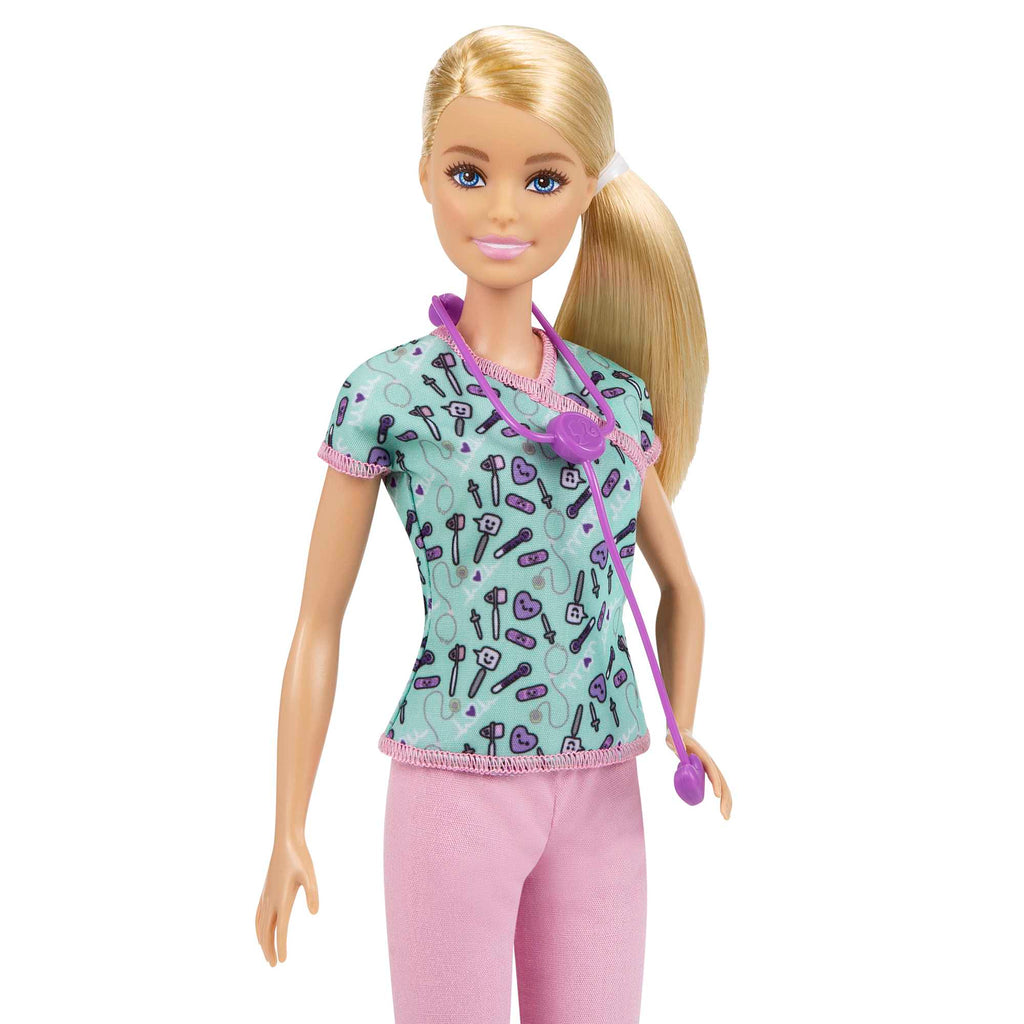 Barbie Nurse Fashion Doll Dressed in Medical Scrubs, White Shoes & Stethoscope Accessory