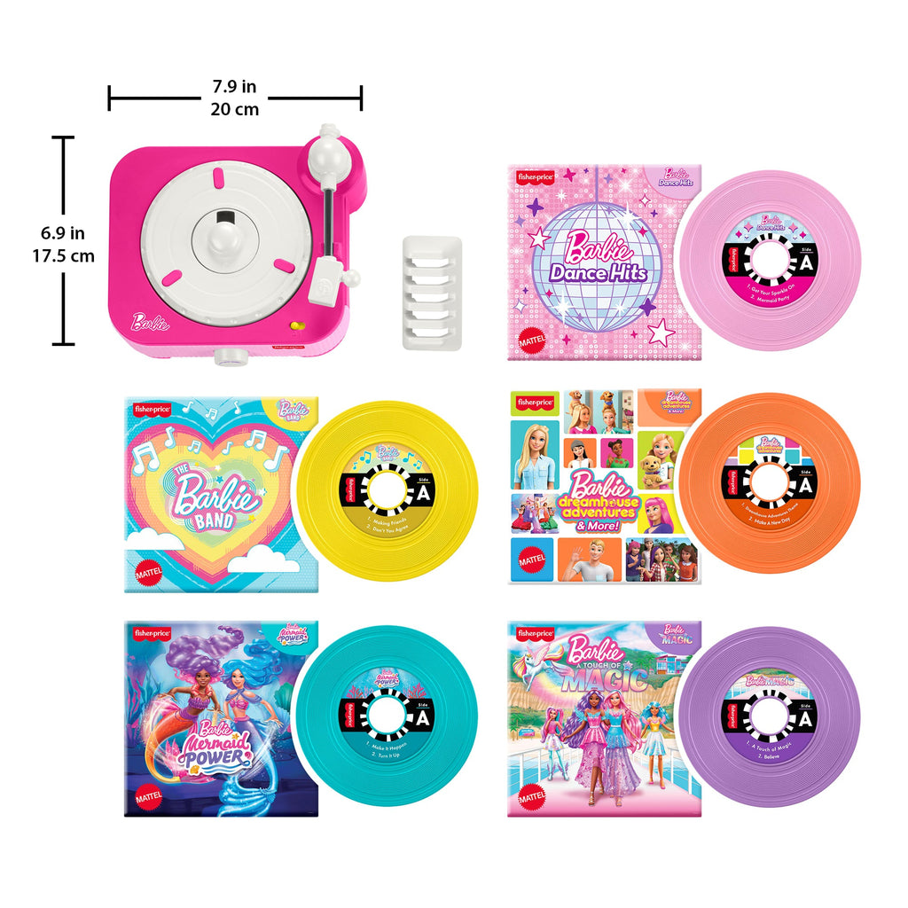 Fisher-Price Barbie Record Player Musical Toy For Preschool Pretend Play, 5 Records & Display Rack
