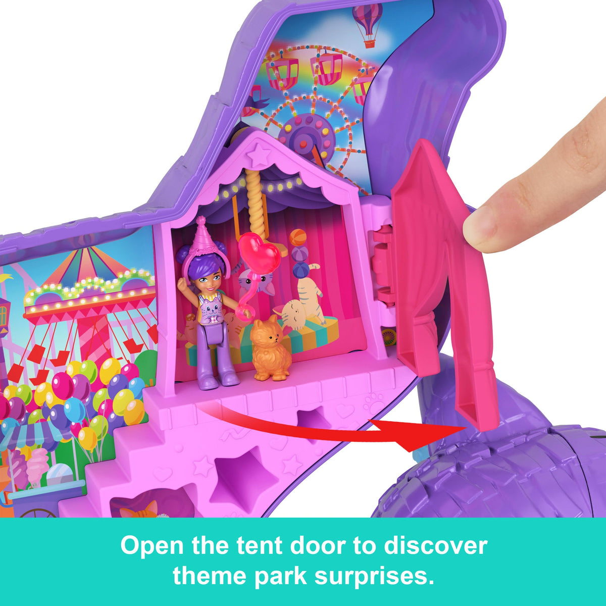 Polly Pocket Celebration Kitty Playset With 2 Micro Dolls, 23 Surprise Accessories including Pets, Birthday Party With Ferris Wheel Ride