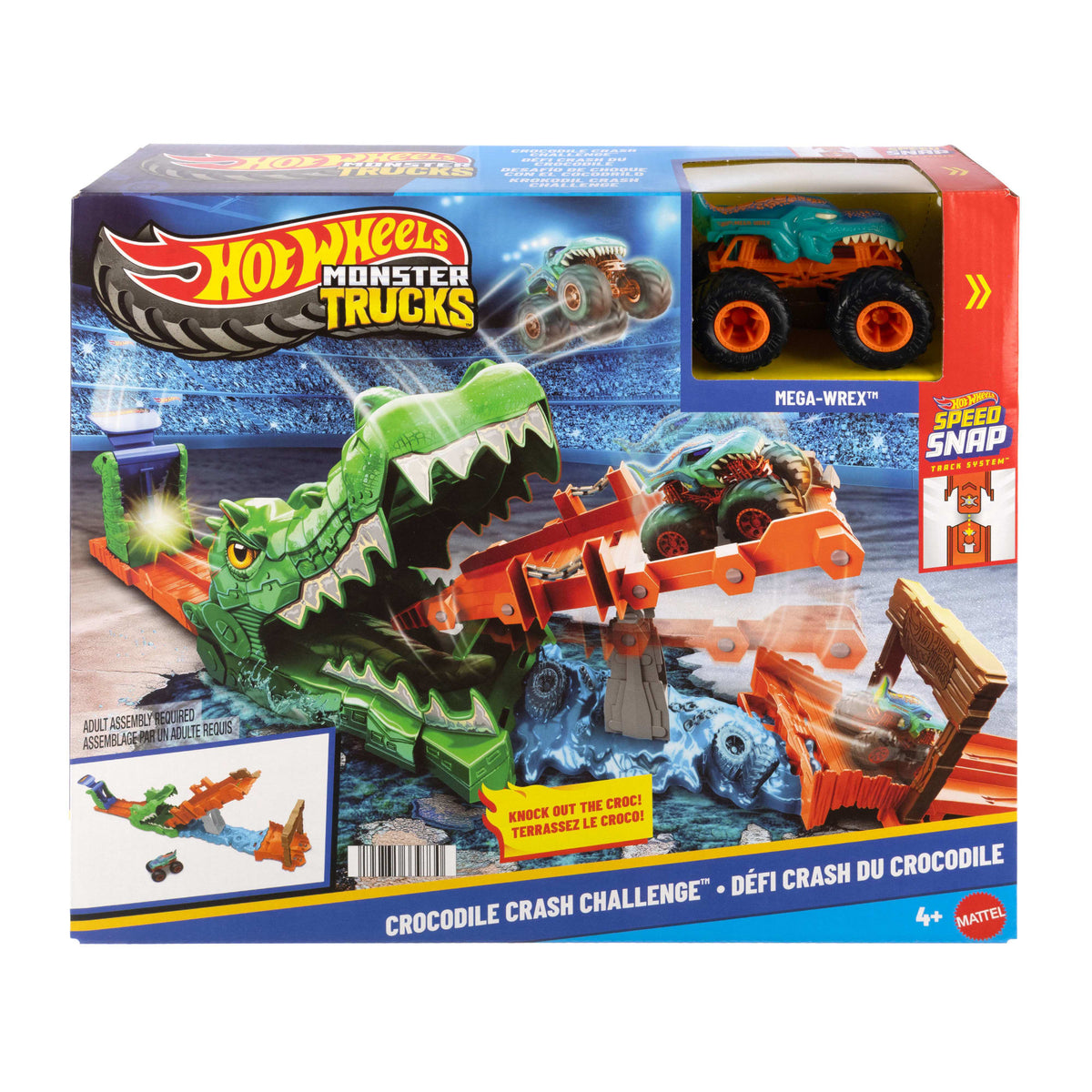 Hot Wheels Monster Trucks Crocodile Crash Challenge Playset & 1:64 Scale MEGA-Wrex Toy Vehicle