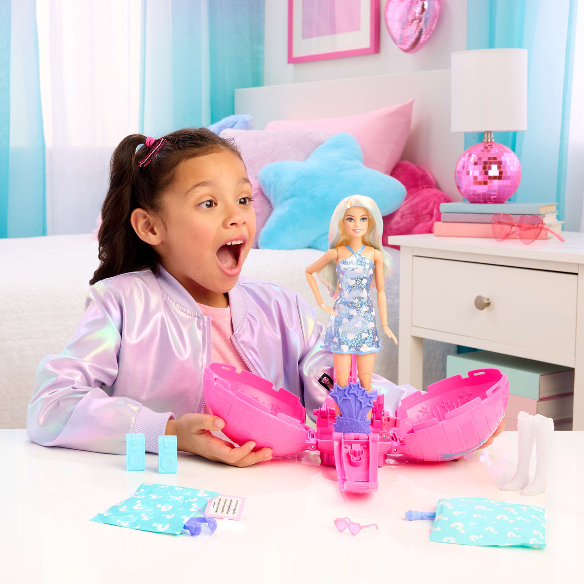 Barbie Team Barbie Roll And Reveal Pop Star Doll And Accessories With Blonde Fashion Doll, 8 Surprises S & Disco Ball Encasement
