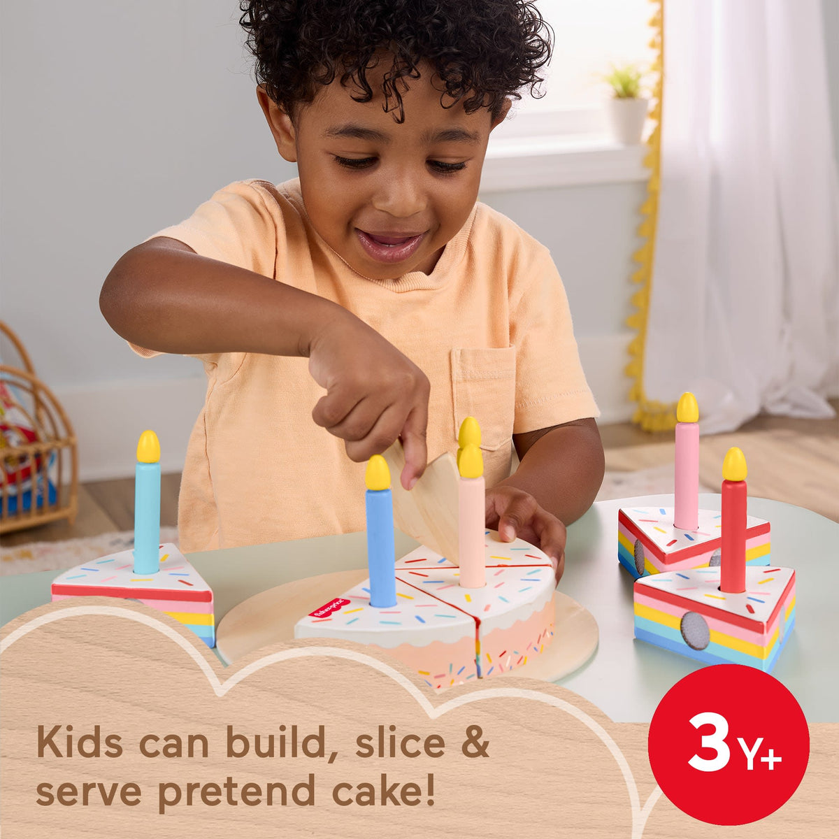 Fisher-Price Wooden Cake, Pretend Food Decorating Set For Preschool Kids, 14 Wood Pieces