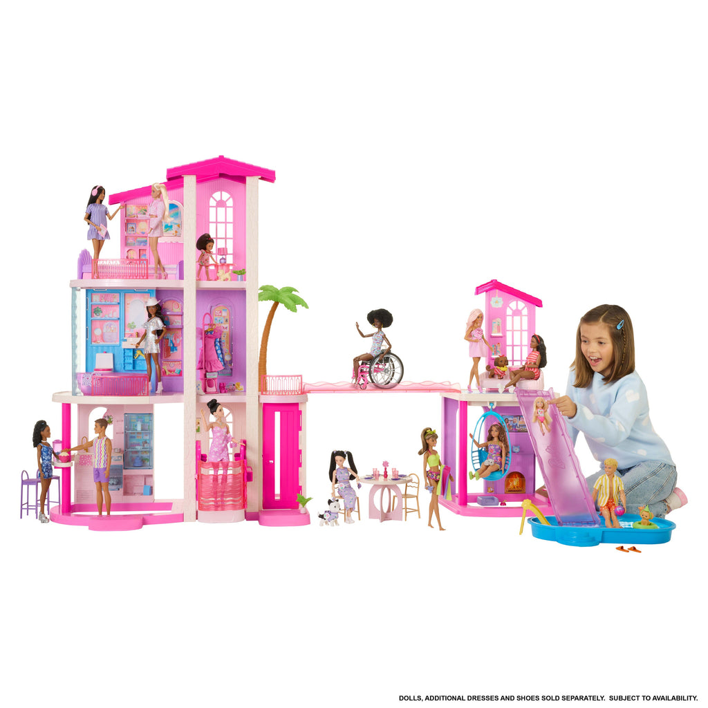 Barbie DreamHouse Dollhouse 2026, 2 Pools, 2 Slides, 2 Houses, Elevator With 3 Levels & 65+ Pieces Including Furniture & Accessories