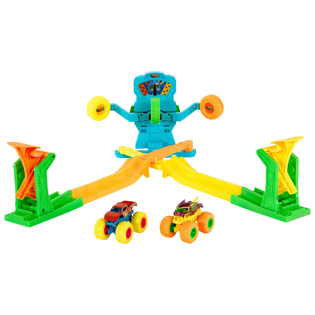 Hot Wheels Monster Trucks Neon Crashin’ Slamway Playset With 2 Toy Vehicles, 2 Ways To Play