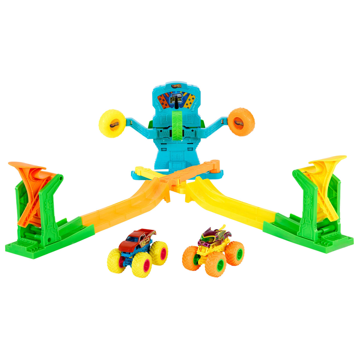 Hot Wheels Monster Trucks Neon Crashin’ Slamway Playset With 2 Toy Vehicles, 2 Ways To Play