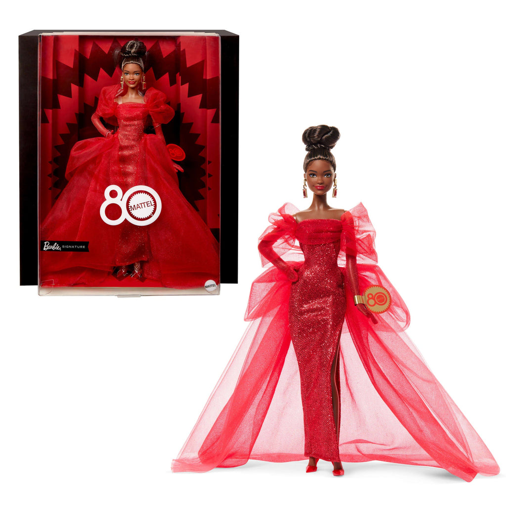 Barbie Signature Collectible Doll For Mattel 80th Anniversary, Glittery Red Tulle Gown, Brunette