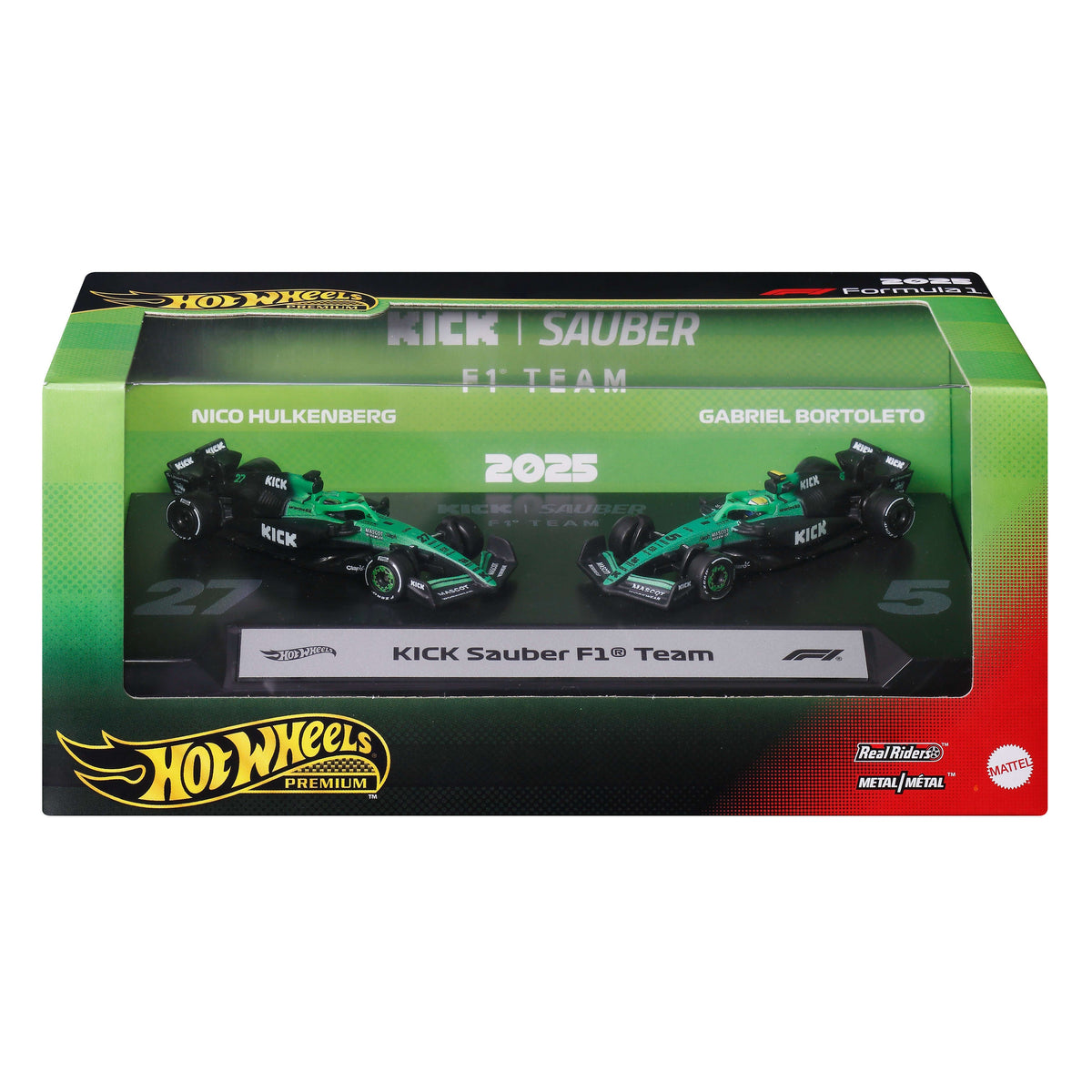 Hot Wheels Premium Kick Sauber F1 Team 2-Pack Of 1:64 Scale Racecars: Hulkenberg & Bortoleto