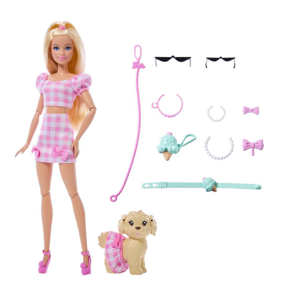 Barbie-Poupée Looks Assortis Robe Vichy Avec Chien et Accessoires
