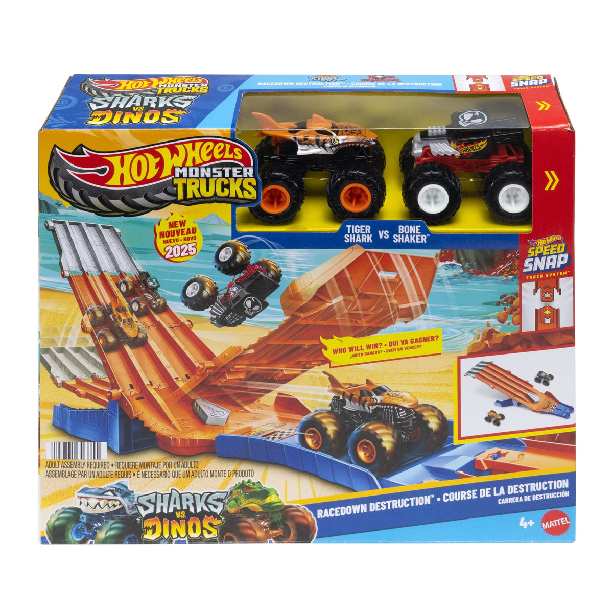 Hot Wheels Monster Trucks Sharks vs Dinos Racedown Destruction Track Set & 2 1:64 Scale Toy Trucks