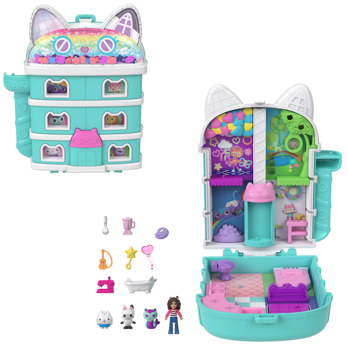 Polly Pocket Micro Dolls And Playset, Gabby's Dollhouse Compact With 9 Accessories & Pet Cat Friends