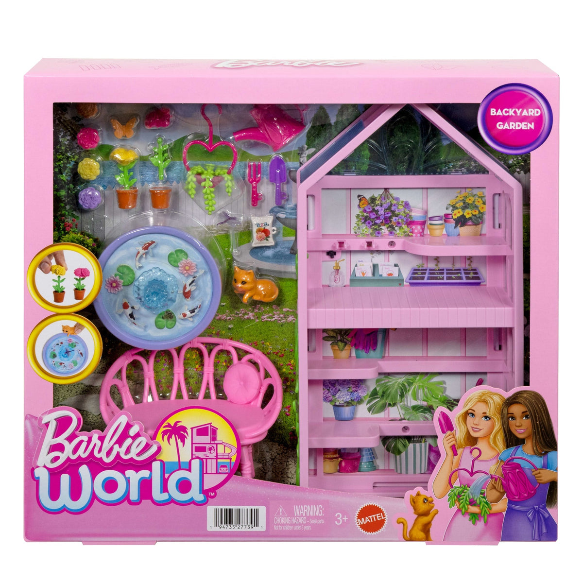 Barbie World Backyard Garden Toy Playset & 17 Accessories, Includes Shelf, Fountain, Flowers & More