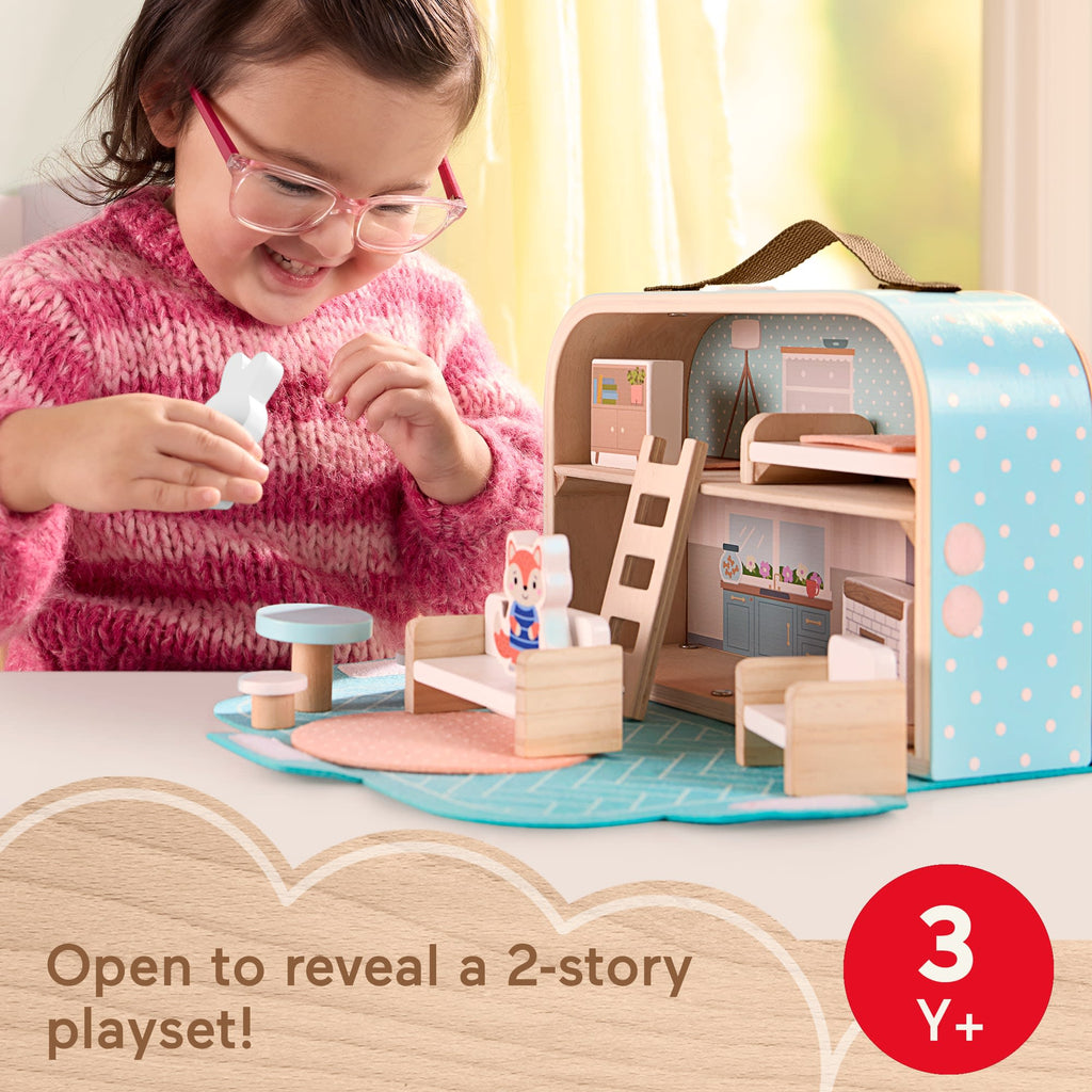 Fisher-Price Wooden Carry Along Dollhouse Portable Playset For Preschool Kids, 15 Pieces