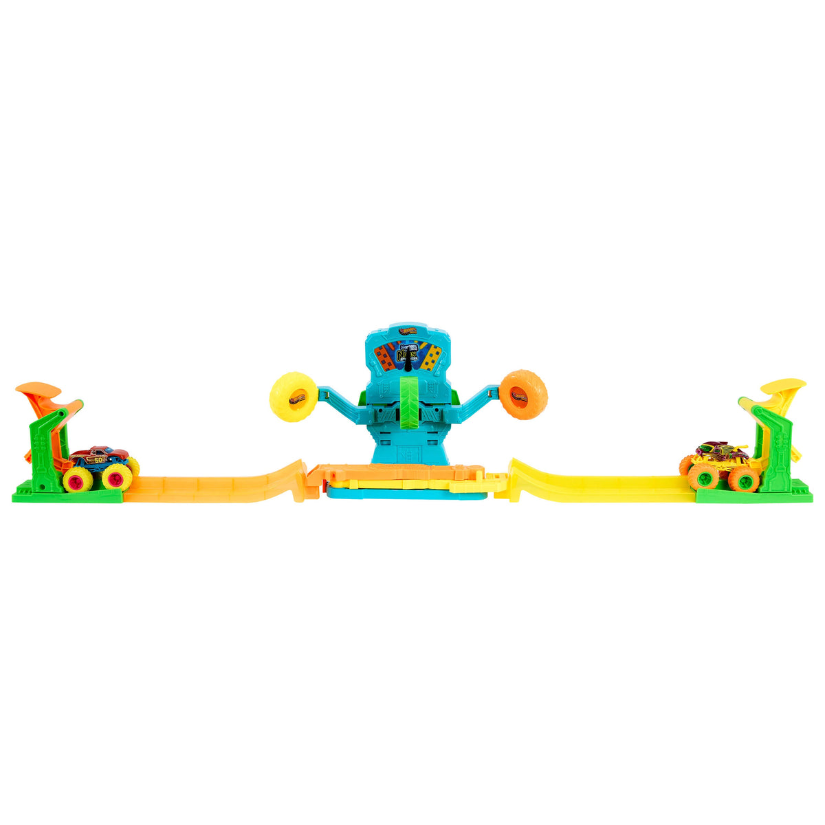 Hot Wheels Monster Trucks Neon Crashin’ Slamway Playset With 2 Toy Vehicles, 2 Ways To Play