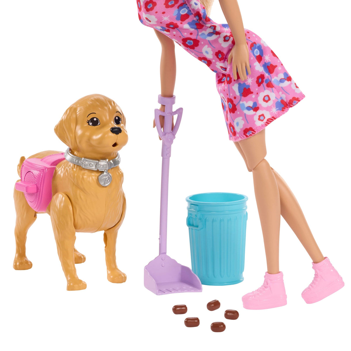 Barbie “Malibu” Walk & Potty Pup Toy Set, includes Doll, Walking Pet Dog With Potty Feature, & Accessories