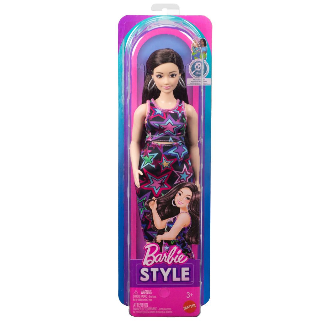 Barbie Fashionistas Style Doll #251 in Star Print Dress, Pink Sneakers, Brown Hair