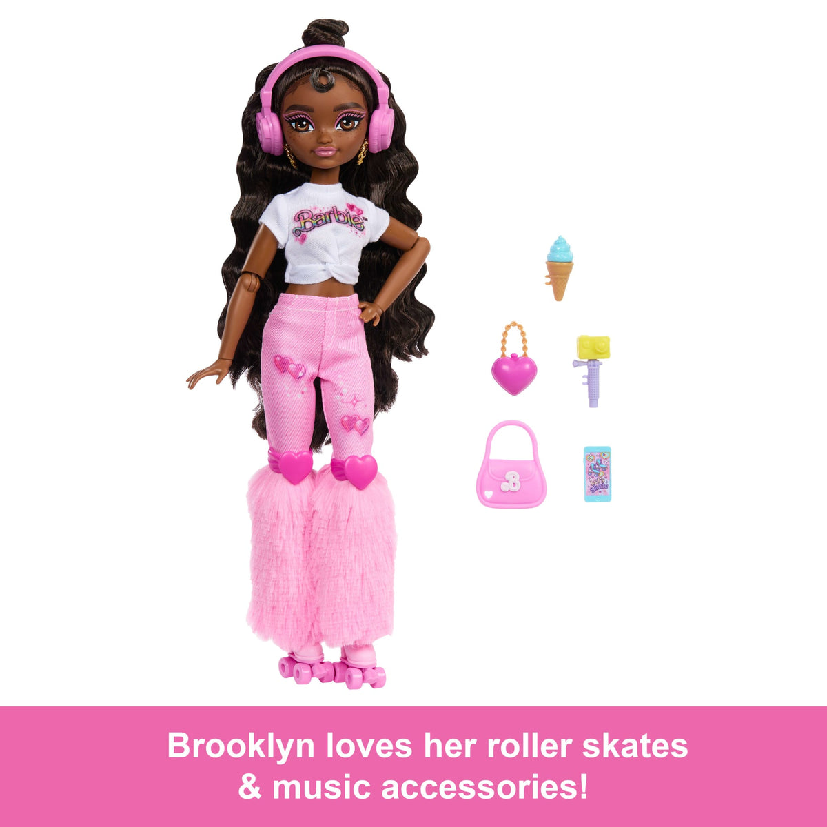 Dream Besties Barbie “Brooklyn” Roller Skating Fashion Doll With 9 Music & Video Themed Accessories