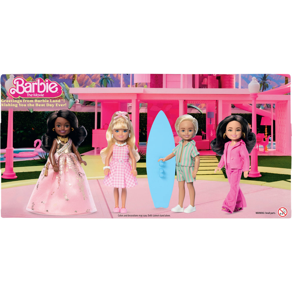 Barbie The Movie Chelsea Collectible 4-Pack Dolls, Includes Barbie, Ken, President Barbie, & Gloria Characters