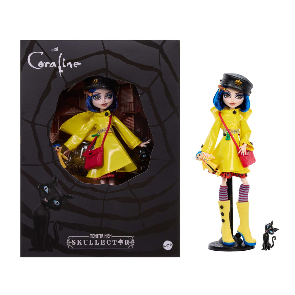 Monster High Skullector Coraline Collectible Doll in Yellow Raincoat With Cat - Sold Out