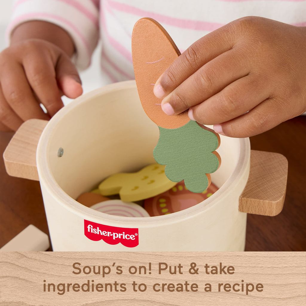 Fisher-Price Tiny Garden Wooden Veggie Soup Pretend Kitchen Play Set For Kids, 16 Wood Pieces