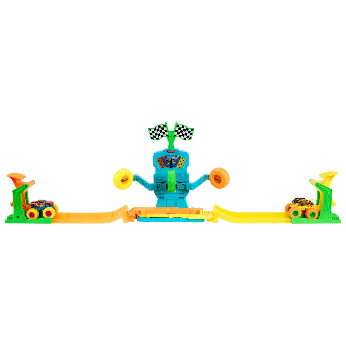 Hot Wheels Monster Trucks Neon Crashin’ Slamway Playset With 2 Toy Vehicles, 2 Ways To Play