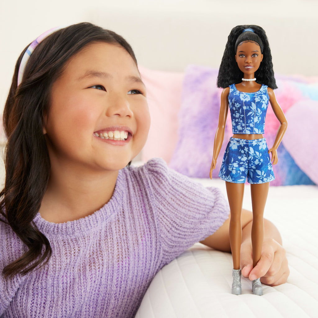 Barbie Fashionistas Style Doll #248 in Blue Floral Shorts, Blue Floral Top, Black Hair