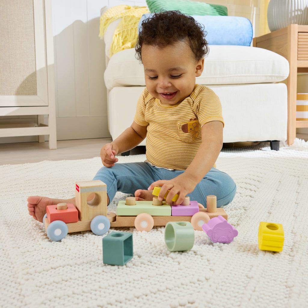 Fisher-Price-Train à Empiler en Bois et Silicone-Jouet D’Activités de 9 Pièces