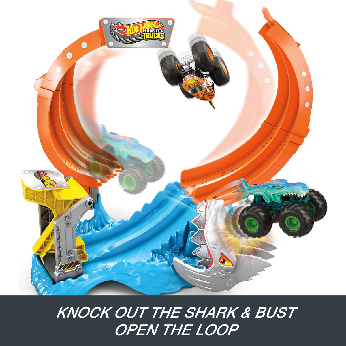 Hot Wheels Monster Trucks Corkscrew Shark Smash Track Set & 1:64 Scale MEGA-Wrex Toy Truck