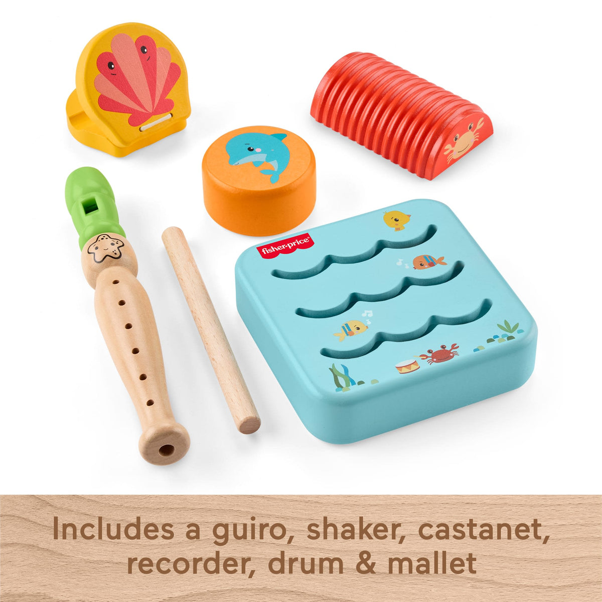 Fisher-Price Wooden Ocean Musical Gift Set For Toddlers & Kids, 6 Wood Pieces