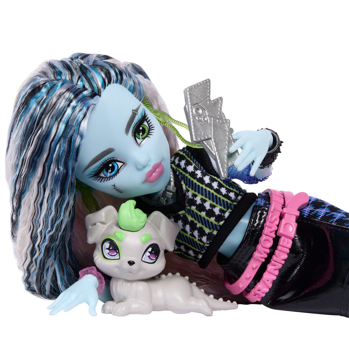 Monster High Frankie Stein Fashion Doll in Black Pleather Skirt With Pet Watzie And 7 Accessories